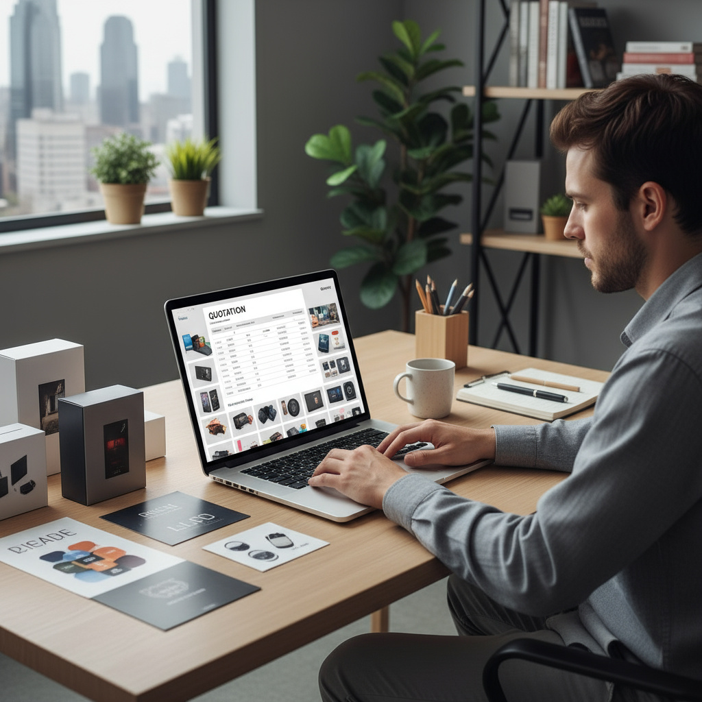 Angebotserstellung am Laptop mit Produktfotos und Mockups