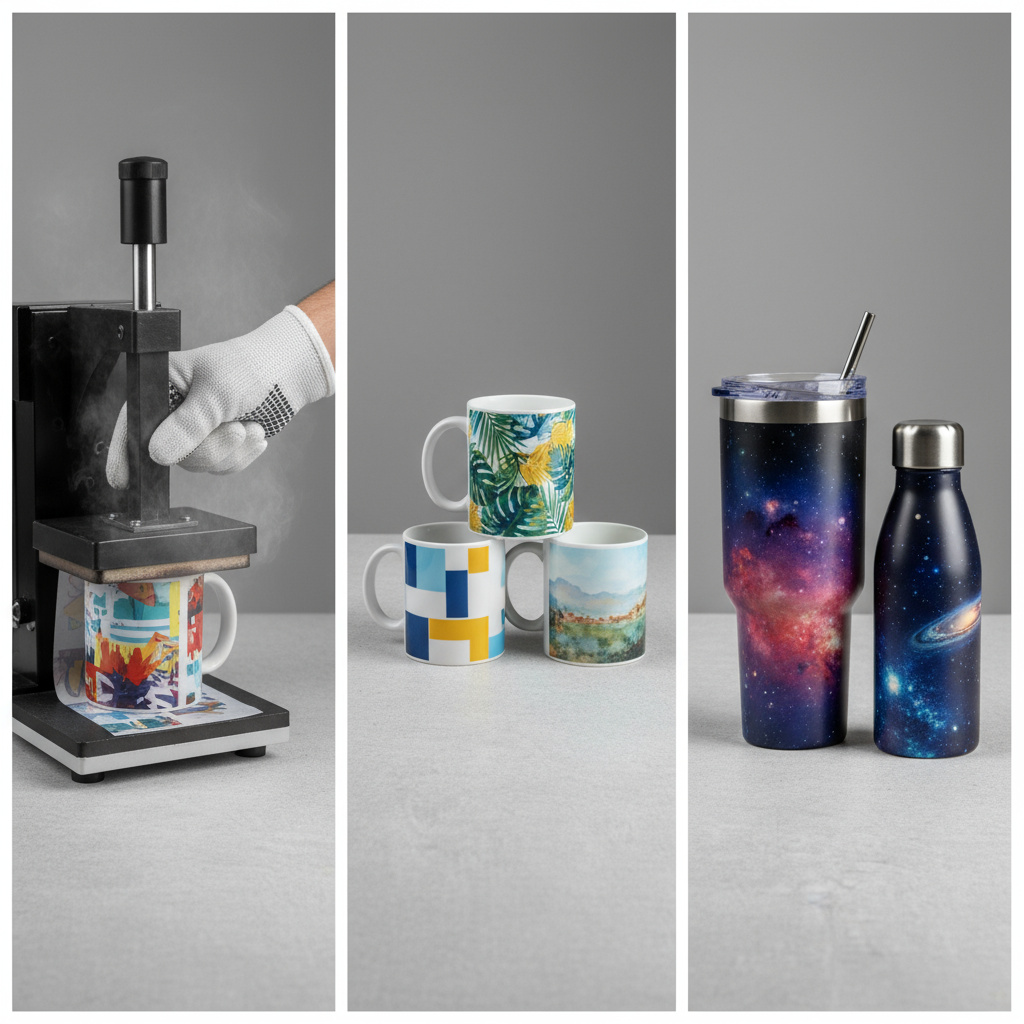 Sublimationsdruck Prozess und fertige Tassen & Becher